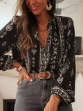 Black Retro Bohemian Floral Geometric Print Blouse-Lange General Store