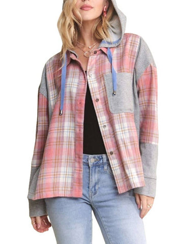 Button Down Plaid Hoodie Shacket - Pink-Lange General Store