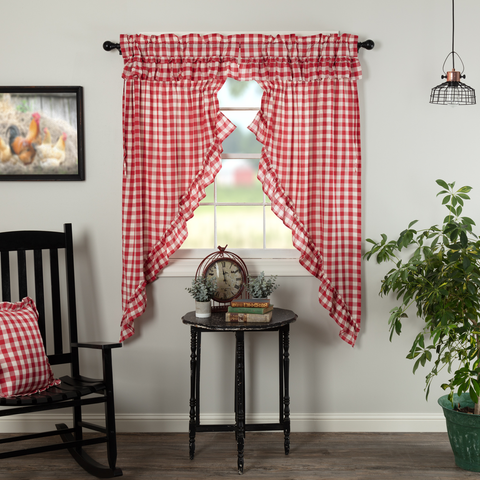 Annie Red Buffalo Check Ruffled Prairie Curtains-Lange General Store