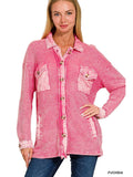 Cotton Waffle Acid Wash Oversized Shacket - Fuschia-Lange General Store