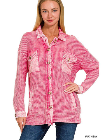 Cotton Waffle Acid Wash Oversized Shacket - Fuschia-Lange General Store