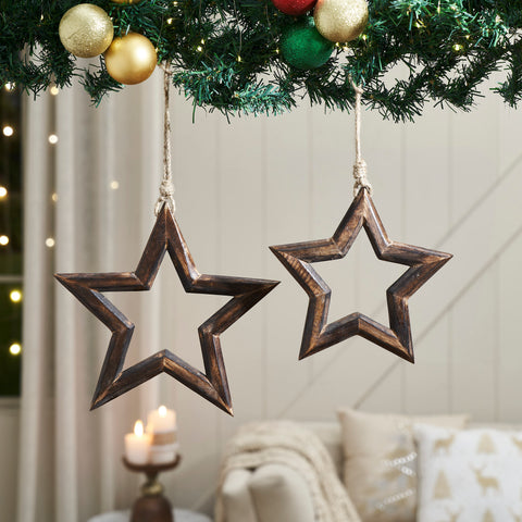 Dark Wooden Star Ornament Set of 2-Lange General Store