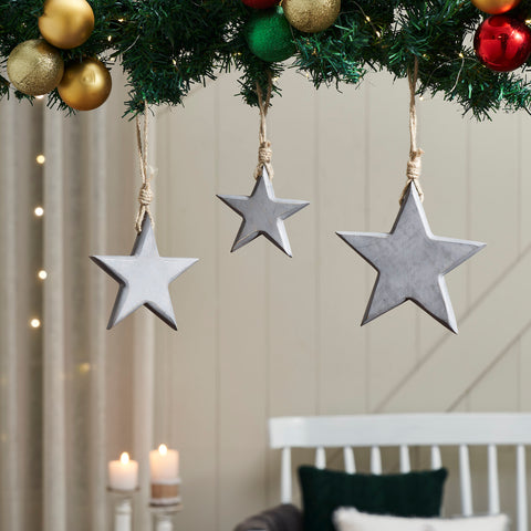 Distressed Grey Wooden Star Ornament Set of 3-Lange General Store