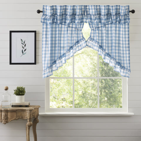Dusk Buffalo Blue Check Ruffled Prairie Swag Curtains-Lange General Store