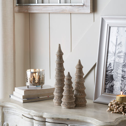 Feathered Finish Hand Turned Wooden Trees Set of 3-Lange General Store