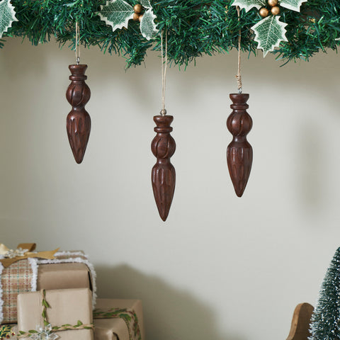 Festive Finial Dark Wooden Ornament Set of 3-Lange General Store