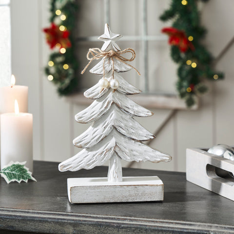 Festive Fir Distressed White Wooden Trees-Lange General Store