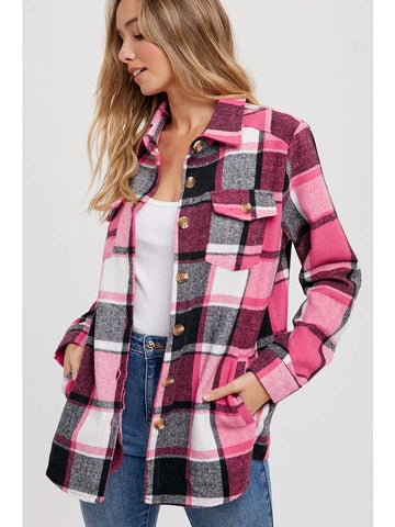 Flannel Plaid Shacket - Pink-Lange General Store