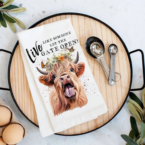 Highland Cow Live Life Gate Open Flour Sack Towel-Lange General Store