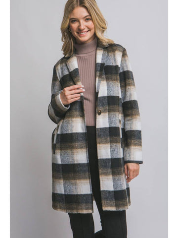 Long Sleeve Plaid Coat - Black-Lange General Store