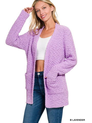 Long Sleeve Popcorn Sweater Cardigan with Pockets - Lavender-Lange General Store