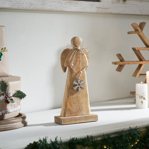Metal Snowflake Natural Wooden Angel-Lange General Store