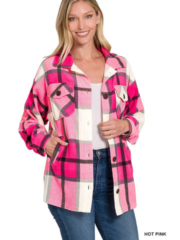 Oversized Plaid Fleece Shacket - Hot Pink-Lange General Store
