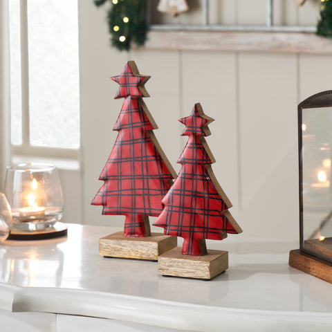 Red Plaid Natural Wooden Tree Set of 2-Lange General Store