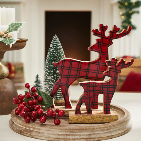 Red Plaid Wooden Reindeer Set of 2-Lange General Store