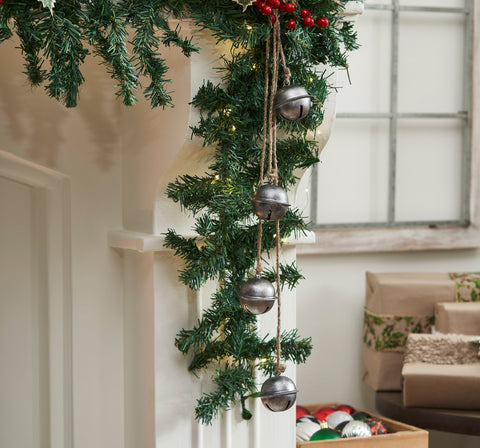 Tarnished Metal Decorative Bells on Jute Hanging Rope-Lange General Store
