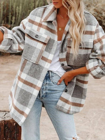 Vintage Flannel Lapel Button Shirt Jacket - Grey-Lange General Store