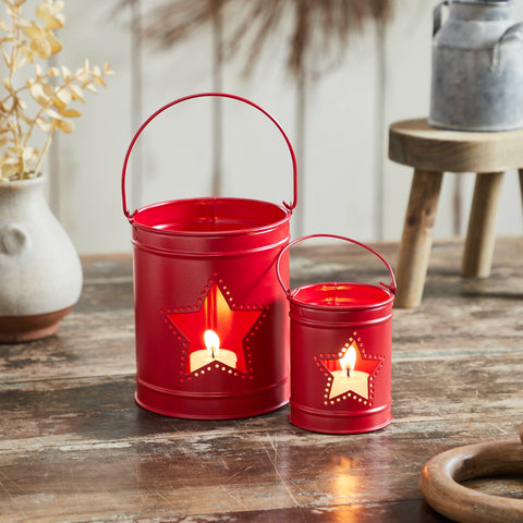Votive Candle Holder w/Star Cutout Barn Red Set of 2-Lange General Store
