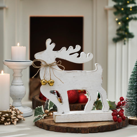 Winter Walk Distressed White Wooden Reindeer-Lange General Store