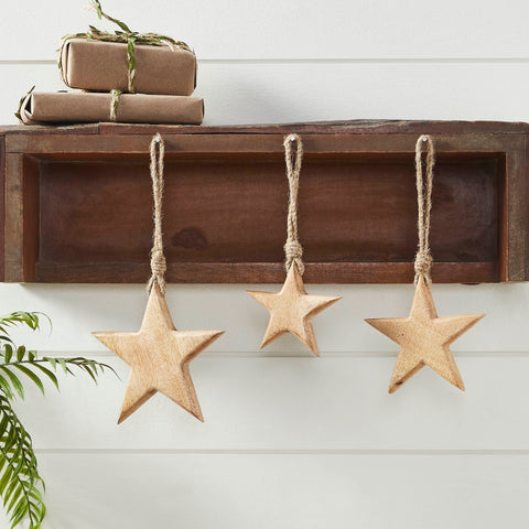 Wooden Star Natural Decorative Ornament Set of 3-Lange General Store