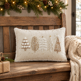5 Christmas Trees White Pillow on a Christmas-themed wooden bench