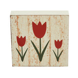 Spring In Bloom Red Tulips Distressed Antique White Block Sign