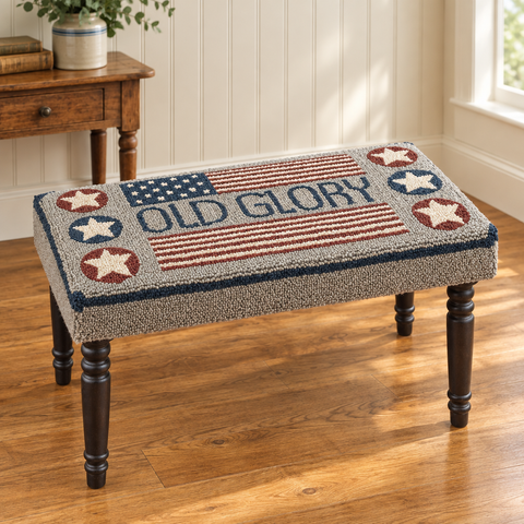 Old Glory Hooked Bench in a farmhouse entryway