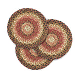 Ginger Spice braided trivet set of 3 in terra cotta, burgundy, dark tan, and antique white jute blend