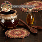Ginger Spice fall trivets set of 3 displayed on rustic farmhouse autumn table setting showing tightly woven braids close up
