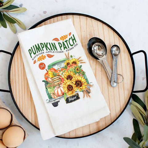 Autumn Fall Pumpkin Patch Green Truck Flour Sack Towel-Lange General Store