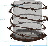Barbed Wire Rustic Pillar Candle Holder wrapped with dark brown barbed wire, shown with blue dimension lines indicating a height of 5.75 inches and a diameter of 5.