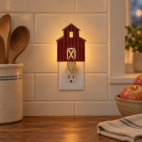 Red Barn Night Light in a farmhouse kitchen