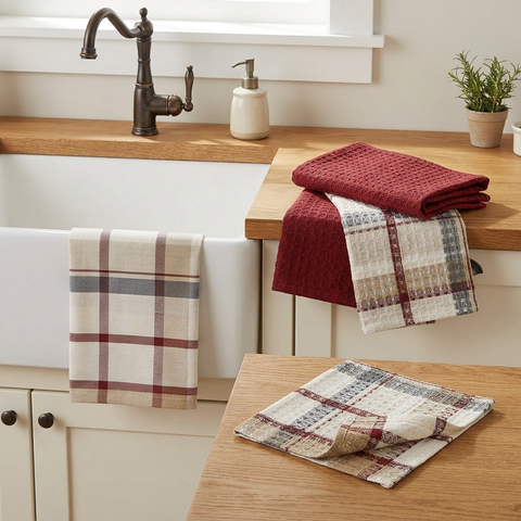 Barnwood Dish Towel and Cloth Set in a farmhouse kitchen