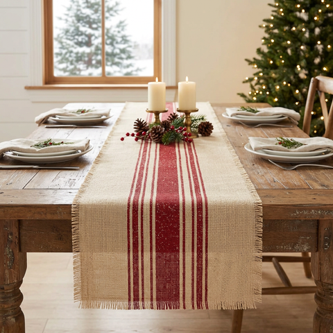 Baxter Vintage Burlap Red Stripe 13 x 72 runner in a Christmas table setting