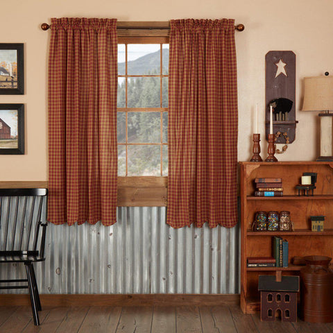 Burgundy Check Scalloped Short Panel Curtains-Lange General Store