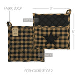Close-up of Blackstone Farm Star quilted cotton pot holder with black star appliqué accent showing dimensions