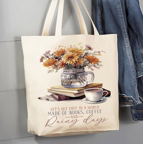 Autumn Fall Books & Coffee Rainy Day Canvas Tote Bag-Lange General Store
