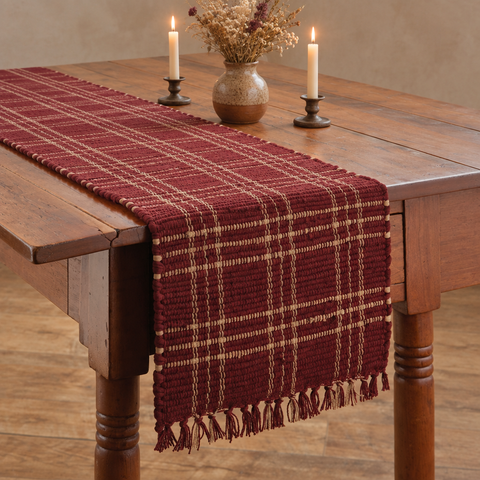 Bridgeton Wine Chindi Table Runner with candles and florals safely placed on the table