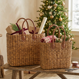 Brinkley Rattan Leather Handle Totes in a Christmas gift-wrapping setting