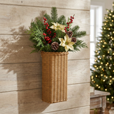 Brinkley Vase Rattan Wall Basket in a rustic Christmas entryway