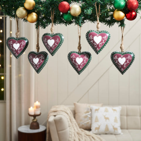 Burgundy Heritage Metal Heart Ornament Set of 6-Lange General Store