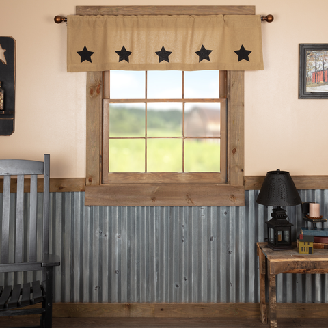 Burlap with Black Stars Valance - Lange General Store