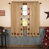 Burlap with Burgundy Stars Short Panel Curtains-Lange General Store