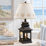 Cambridge black lantern lamp with Sea Shell shade, coastal cottage setting