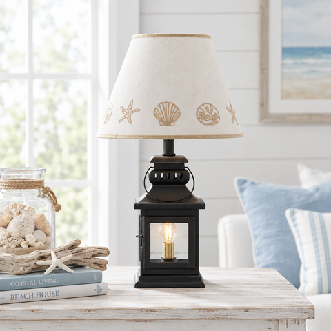 Cambridge black lantern lamp with Sea Shell shade in coastal cottage setting