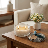 Camellia Japonica candle everyday scene with a small vase of flowers