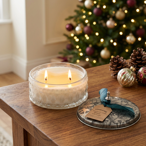 Camellia Japonica Jar candle in a warm Christmas setting