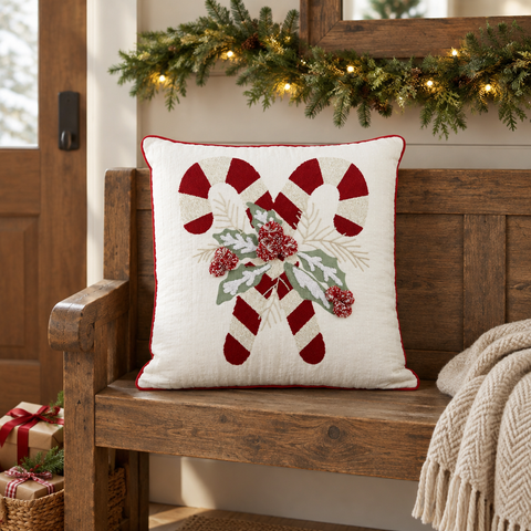 Candy Cane & Holly Pillow on a Christmas-themed wooden bench