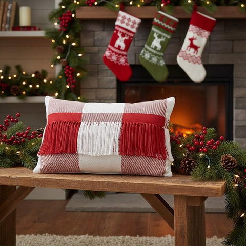 Cherry Ann Check Fringed Pillow-Lange General Store