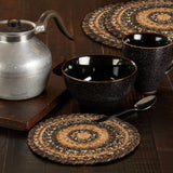 Chestnut primitive country trivets set of 3 displayed on rustic farmhouse dining table
